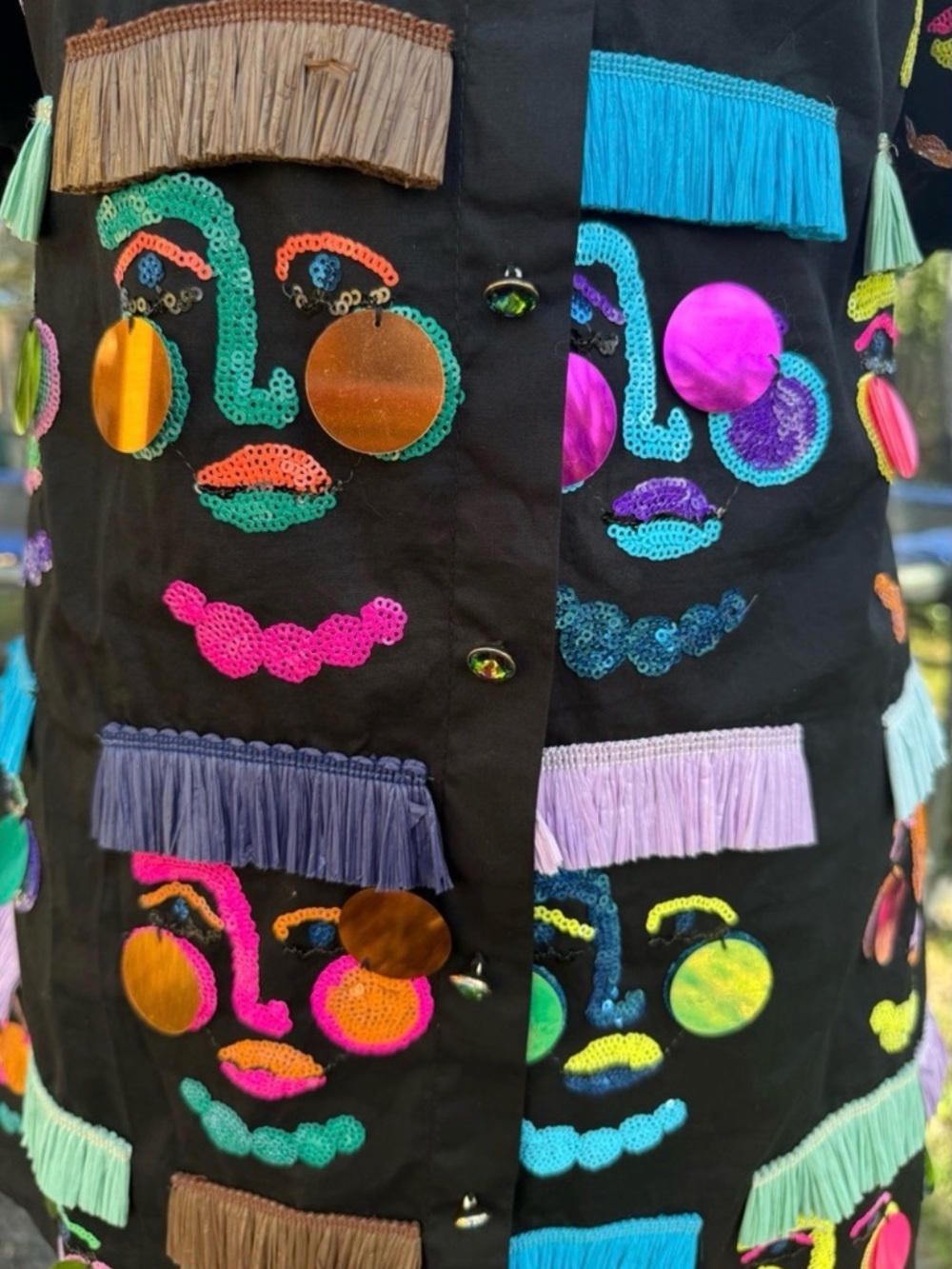 QUEEN OF SPARKLES Black Mini Dress with Neon Embroidered Faces size S EUC - Picture 5 of 5